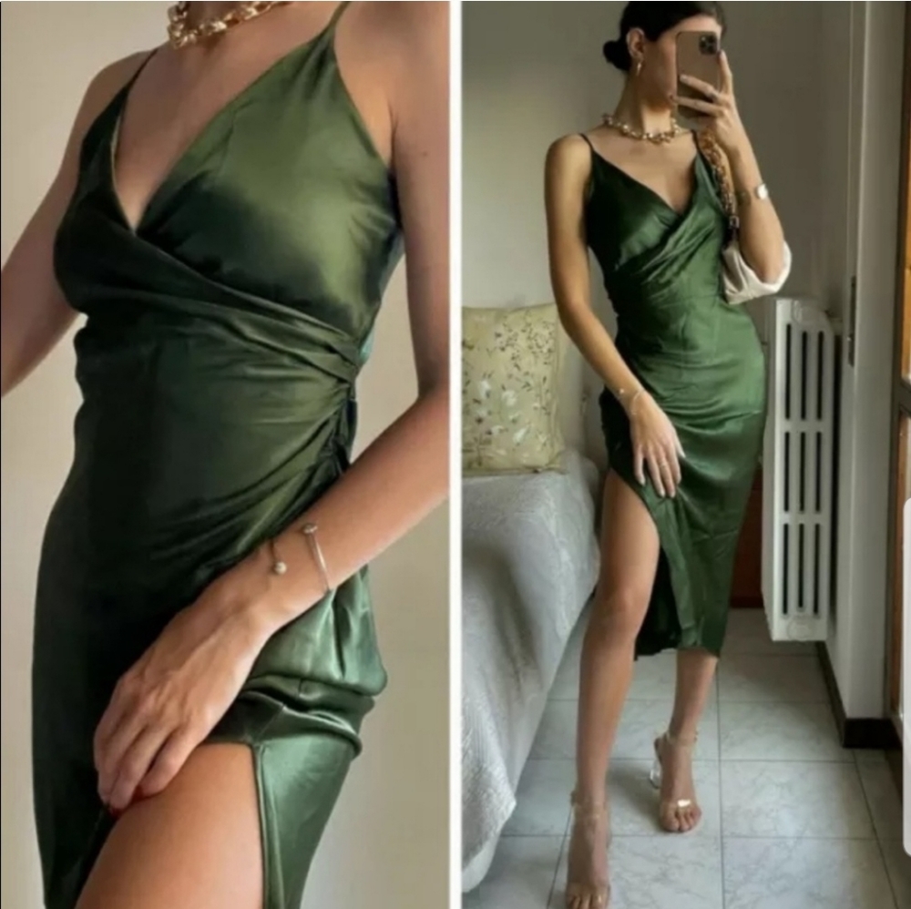 NWT Zara Blogger Fave Sexy Silky Olive Green Zara Satin Slip Dress